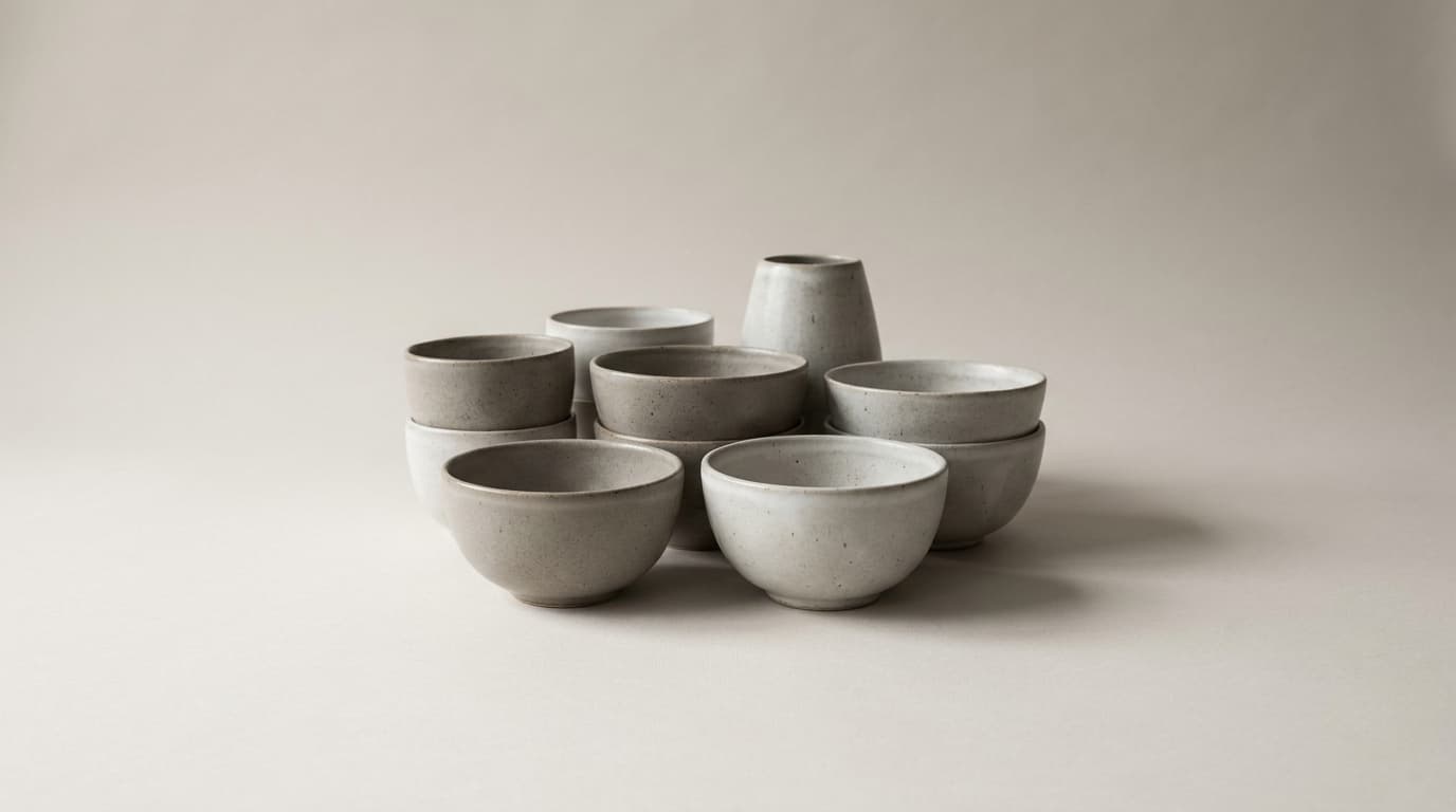 Stacked stoneware bowls and a vase in matte grey and bone glaze
